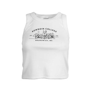 White ribbed crop tank top with black imprint of BOWDOIN COLLEGE arched over a line drawing of Hubbard Hall, which is between the words EST. 1794, over smaller text BRUNSWICK, ME