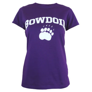 Short sleeved women's tee in deep purple with white imprint of BOWDOIN arched over paw on cheest.