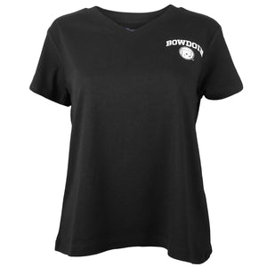 Women's black V-neck tee with white imprint of BOWDOIN arched over mascot medallion on left chest.