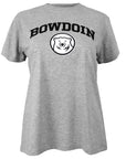 Women's Oxford grey short sleeved shirt with BOWDOIN arched over mascot medallion chest imprint.