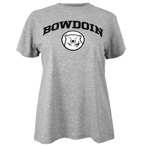 Women's Oxford grey short sleeved shirt with BOWDOIN arched over mascot medallion chest imprint.
