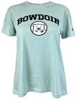 Women's light bluish-green short sleeved shirt with BOWDOIN arched over mascot medallion chest imprint.