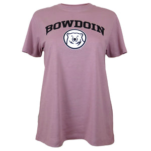 Women's mauve purple short sleeved shirt with BOWDOIN arched over mascot medallion chest imprint.