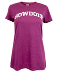 Heathered berry purple women's short sleeved tee with white arched BOWDOIN imprint on chest.