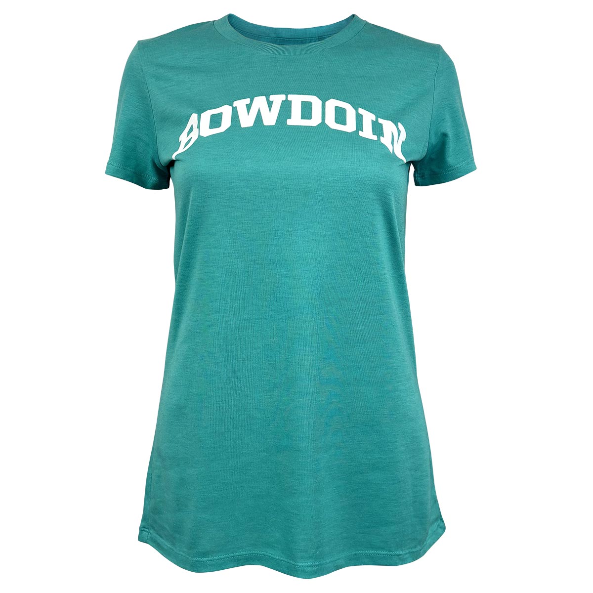 Heathered teal women's short sleeved tee with white arched BOWDOIN imprint on chest.