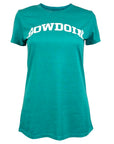 Heathered teal women's short sleeved tee with white arched BOWDOIN imprint on chest.