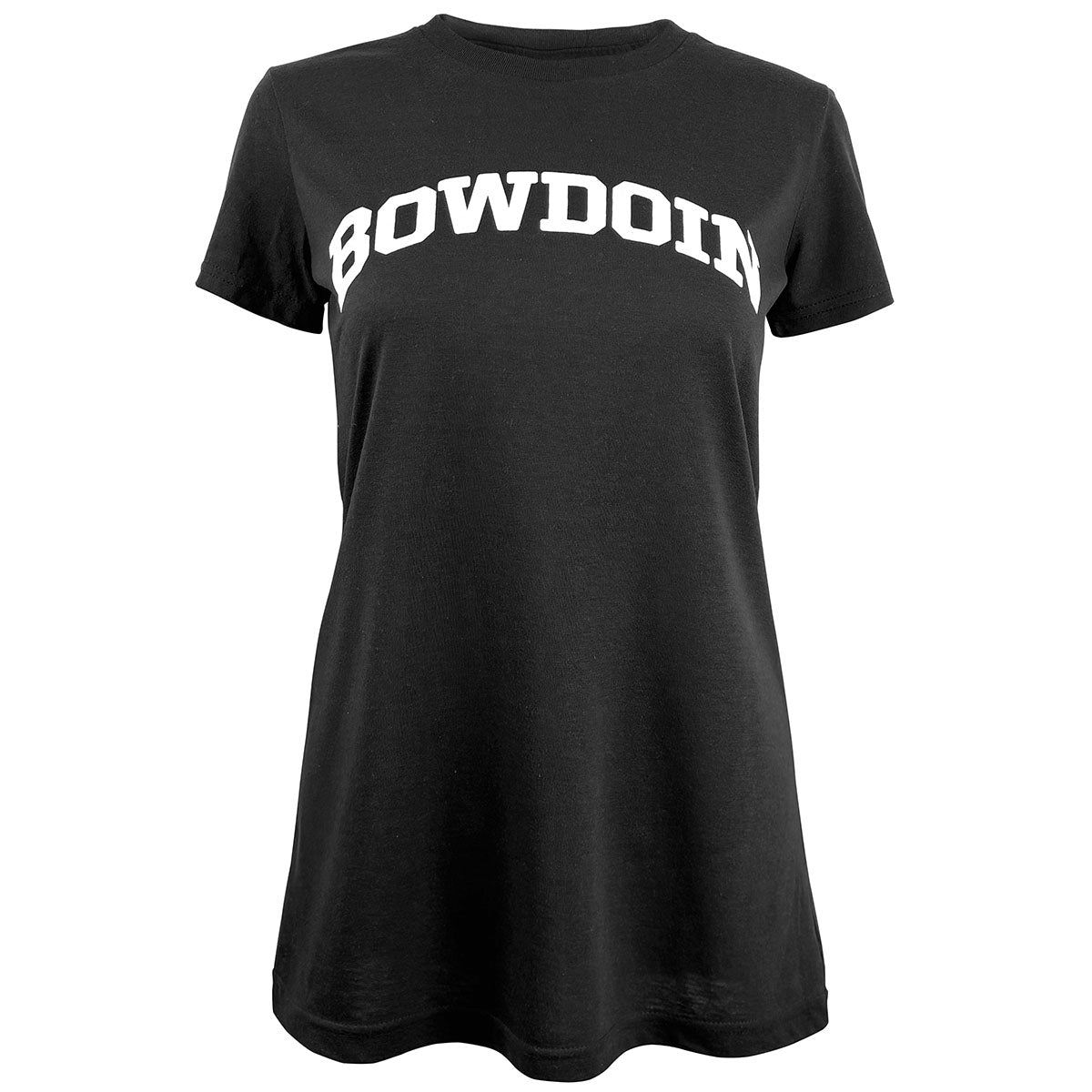 Black t-shirt with 'BOWDOIN' printed in white on a white background