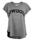 Women's loose fit T-shirt in gray heather with arched black BOWDOIN chest imprint.