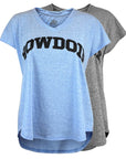 Women's loose fit t-shirts with Bowdoin decoration, in blue and grey heather.