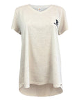 A women's short-sleeve V-neck t-shirt in a light cream heathered fabric with subtle speckles. It features a left chest pocket with a black graphic logo that reads 'B' and 'BOWDOIN'.