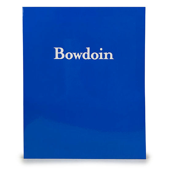 Bright blue laminated folder with black Bowdoin imprint.