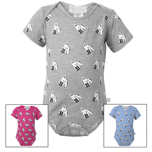 Montage of three Bowdoin diaper shirts with all-over mascot print.