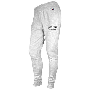 Silver heather fleece jogger pants with black imprint of BOWDOIN arched over COLLEGE on left thigh.