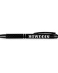 Metallic black retractable pen with silver Bowdoin imprint on barrel.