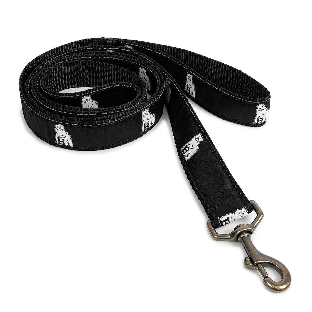 Black dog leash with repeating Bowdoin mascot decoration.