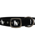 Buckled dog collar with black silk ribbon facing woven with repeating Bowdoin polar bear mascots.