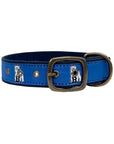 Buckled dog collar with blue silk ribbon facing woven with repeating Bowdoin polar bear mascots.