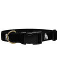 Black dog collar with black ribbon with repeating white Bowdoin mascot decoration. Black plastic clip closure and brass D ring.