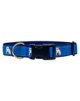 Blue dog collar with blue ribbon with repeating white Bowdoin mascot decoration. Black plastic clip closure and brass D ring.