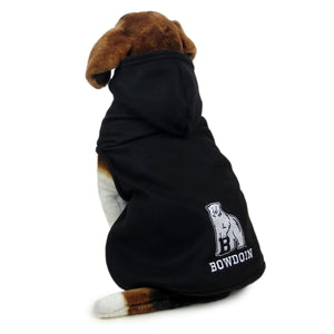 Black fleece dog hood with embroidered Polar Bear mascot over BOWDOIN on lower back.