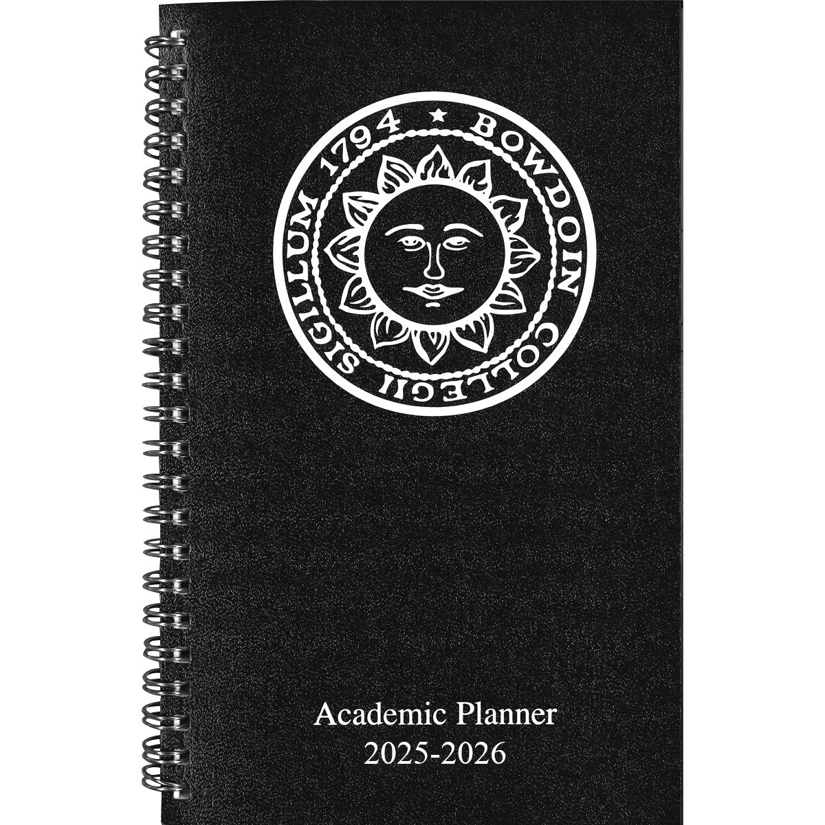 Black 2025-2026 academic year planner with spiral binding and Bowdoin College seal imprint in white.