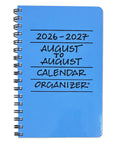 A blue spiral-bound 2026-2027 August to August calendar organizer with black text on the cover, shown on a plain white background.