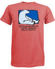 Watermelon red short-sleeved T-shirt with picture of a polar bear sitting against the side of a rectangle with a blue background. Text beneath reads THE PEARY-MACMILLAN ARCTIC MUSEUM, BOWDOIN COLLEGE, BRUNSWICK, MAINE