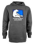 Grayish black hoodie with a polar bear graphic and text on a white background