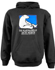 Black hooded sweatshirt with chest imprint of polar bear sitting against the edge of a blue rectangle with a purple border. Below is the text The Peary-MacMillan Arctic Museum Bowdoin College Brunswick Maine