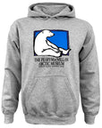 Oxford heather hooded sweatshirt with chest imprint of polar bear sitting against the edge of a blue rectangle with a purple border. Below is the text The Peary-MacMillan Arctic Museum Bowdoin College Brunswick Maine