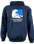 Navy hooded sweatshirt with chest imprint of polar bear sitting against the edge of a blue rectangle with a purple border. Below is the text The Peary-MacMillan Arctic Museum Bowdoin College Brunswick Maine