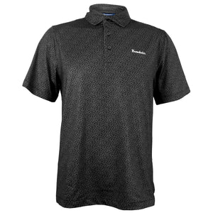 Polo shirt with black and grey pebble print, white Bowdoin wordmark embroidered on left chest.