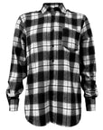 Black and white plaid flannel button up shirt with pocket on left chest.