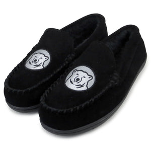 Black suede moccasin-style slippers with plush lining and embroidered Bowdoin polar bear mascot medallion