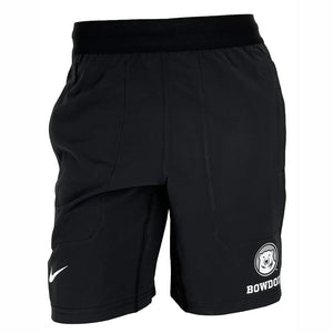 Men's black shorts with elastic waistband. White Nike swoosh on right leg, polar bear medallion over BOWDOIN on left leg.