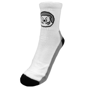 White sock with black heel and toe, grey sole and ankle, Bowdoin polar bear medallion on shin.
