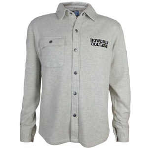 Oatmeal heather snap-front shirt with collar and cuffs. Snap-shut pocket on right chest, and black BOWDOIN over COLLEGE embroidery on left chest.