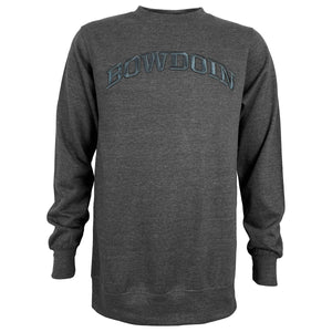 Charcoal heather crew sweatshirt with charcoal arched BOWDOIN embroidery on chest.