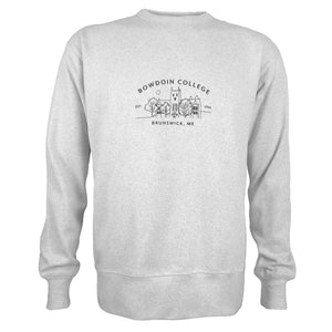 Ash grey heather crewneck sweatshirt with black line imprint of BOWDOIN COLLEGE arched over drawing of Hubbard Hall with EST 1794 over BRUNSWICK, ME