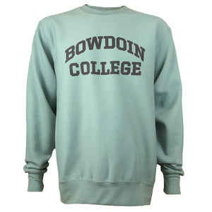 Light greyish-green crewneck sweatshirt with grey imprint of BOWDOIN arched over COLLEGE on chest.