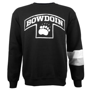 Black crew sweatshirt with two-layer applique black on top of white, with white imprint on applique of BOWDOIN arched over paw print. Sewn-in colorblock insert in left sleeve of white over heather grey.