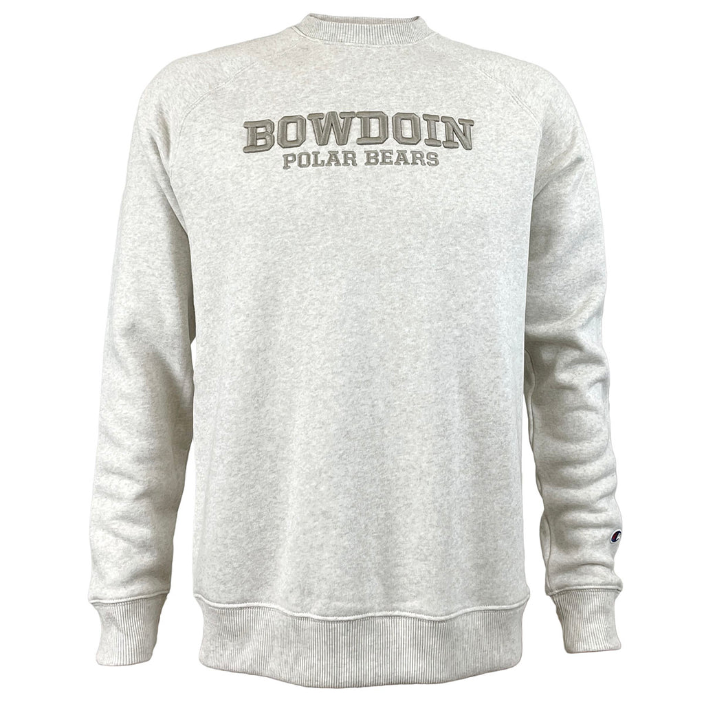Crewneck sweatshirt with tonal raised BOWDOIN embroidered over tonal flat POLAR BEARS in pebblestone beige