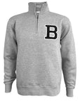 Gray quarter-zip sweatshirt with a black and white 'B' logo on a white background