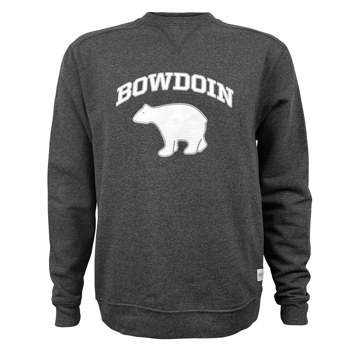 Charcoal grey heather sweatshirt with white Bowdoin and polar bear imprint.