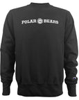A black long-sleeve crewneck sweatshirt featuring 'POLAR BEARS' printed in white arched block letters across the chest, with a circular polar bear graphic in the center. A small Champion logo is visible on the left sleeve cuff.