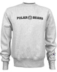A light heather gray crewneck sweatshirt featuring 'POLAR BEARS' printed in black across the chest, with a circular polar bear logo in the center. A small Champion 'C' logo is visible on the left sleeve cuff.