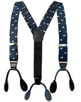 Navy blue suspenders with all-over print of white polar bears.