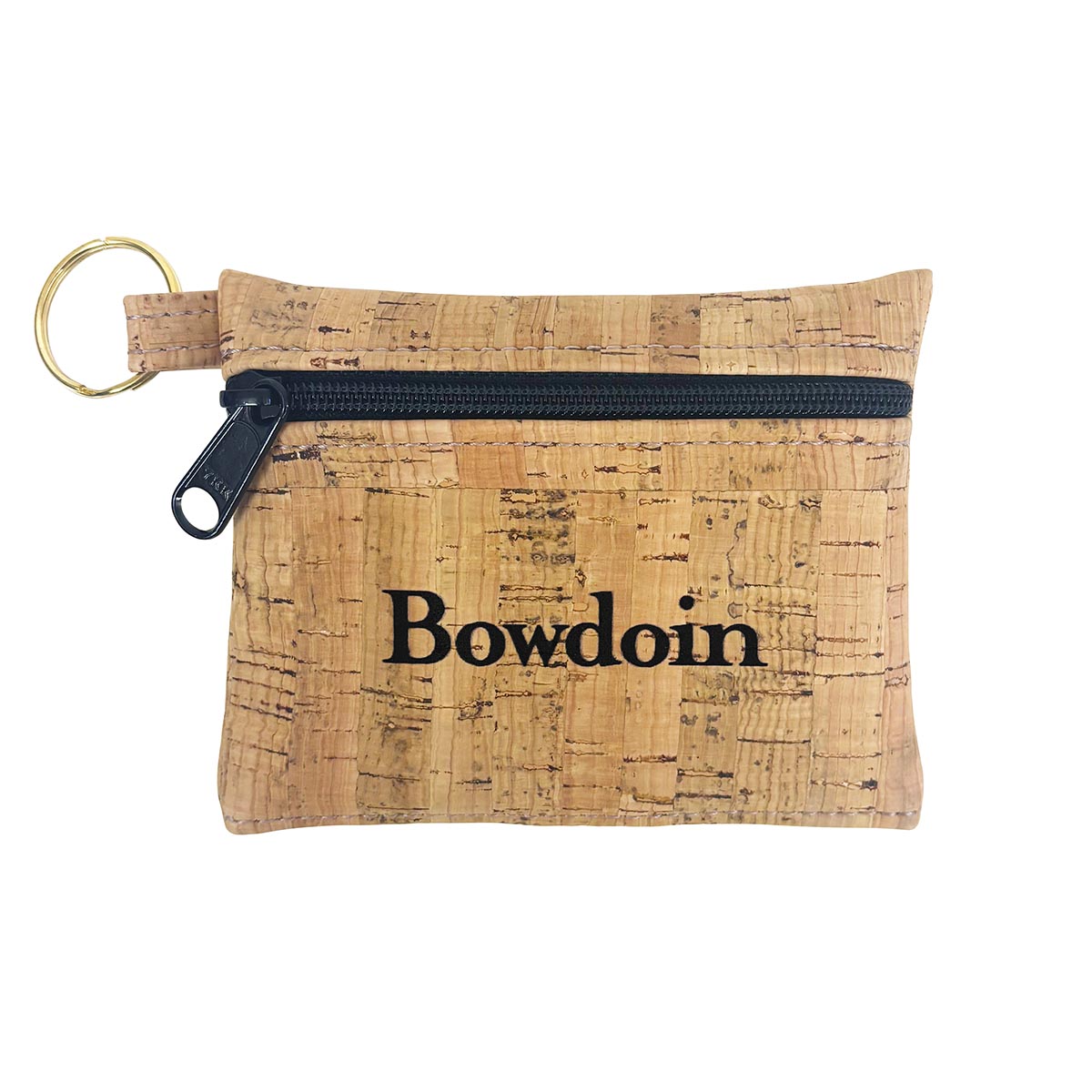 Natural cork coin purse with black BOWDOIN wordmark imprint, black zipper, and gold-tone key ring.