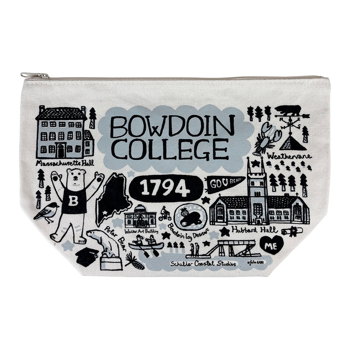 Pouch with black and gray illustrations and 'Bowdoin College' text on a white background