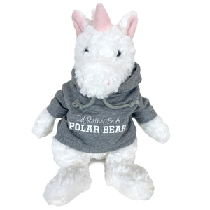 White plush unicorn with pink horn, ears, and mane, wearing grey hoodie.